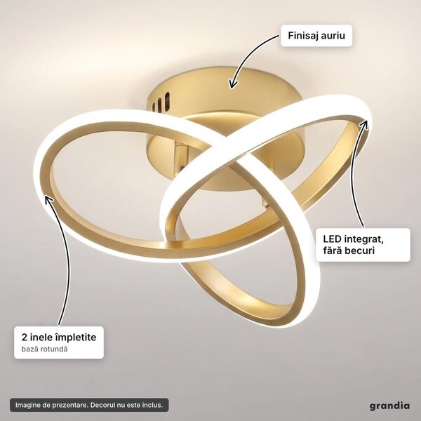 Lustră LED cu două inele împletite, aurie, aprox. 25 cm, pentru hol