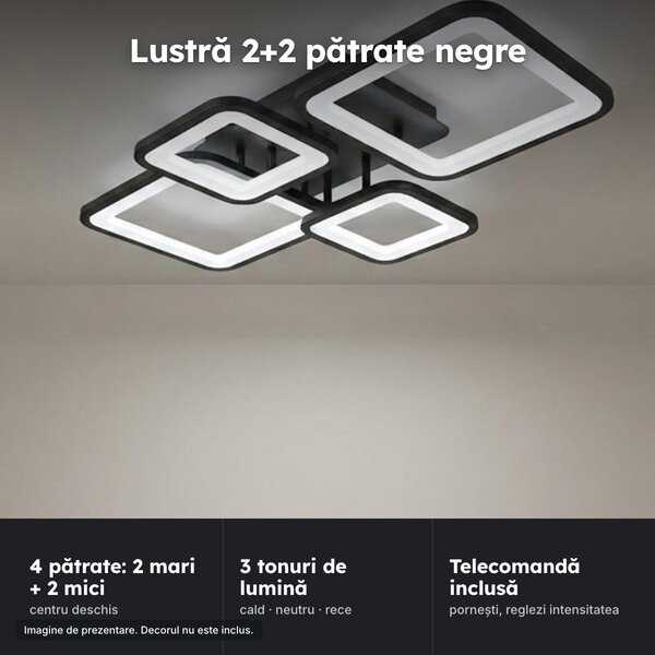 Lustră LED 2+2 pătrate neagră, 53 cm, dimabilă cu telecomandă