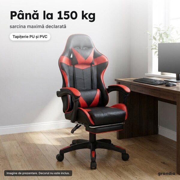 Scaun de gaming PRO-X Comfort cu suport pentru picioare, până la 150 kg, negru-roșu