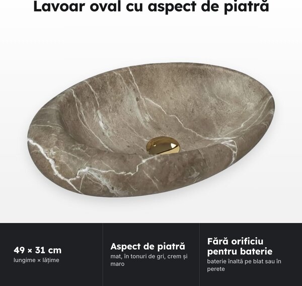Lavoar oval pe blat Nature, aspect de piatră, 49 × 31 cm
