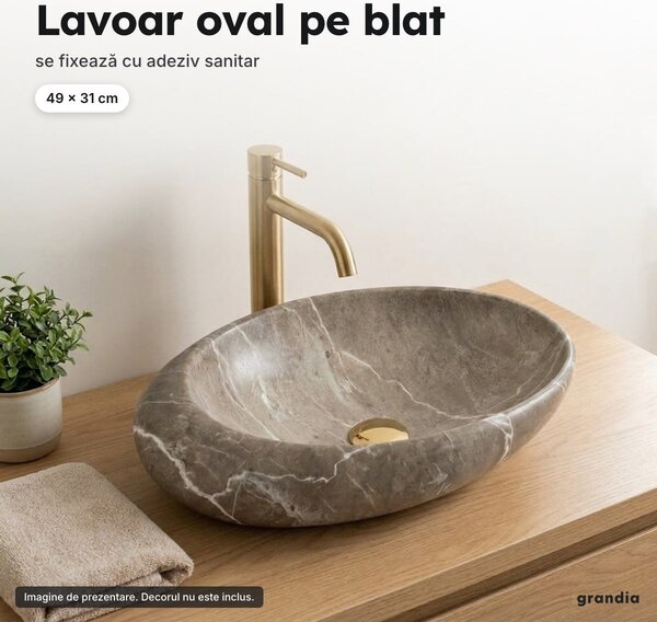 Lavoar oval pe blat Nature, aspect de piatră, 49 × 31 cm