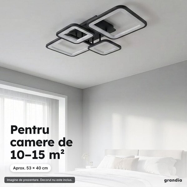 Lustră LED 2+2 pătrate neagră, 53 cm, dimabilă cu telecomandă