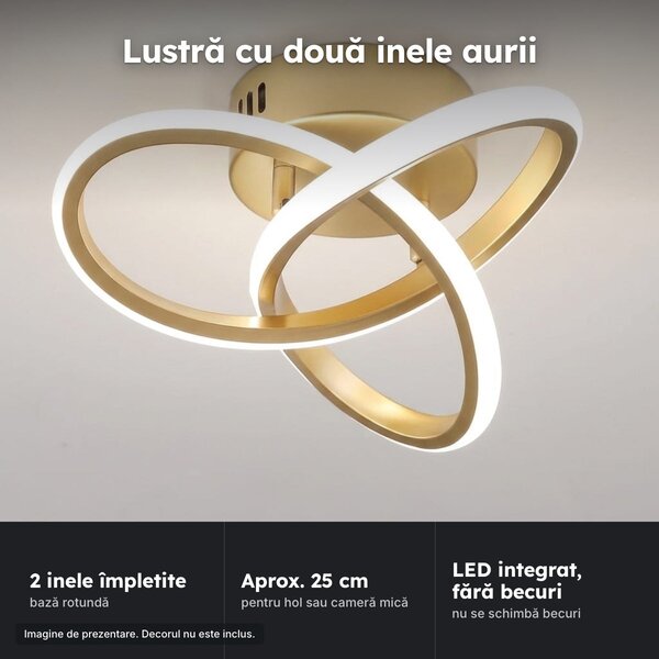 Lustră LED cu două inele împletite, aurie, aprox. 25 cm, pentru hol
