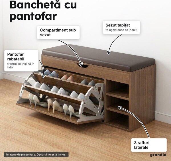 Pantofar banchetă cu șezut tapițat și 3 rafturi, 100 × 34 cm, maro