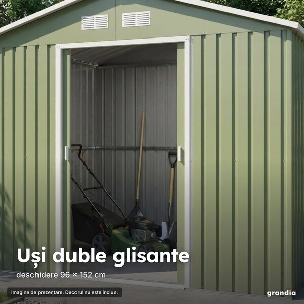 Magazie de grădină din oțel, verde, 277 × 191 × 192 cm, uși duble glisante