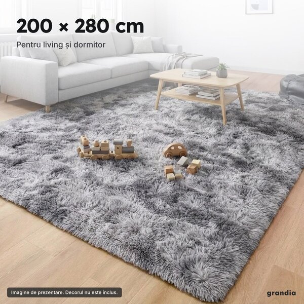 Covor pufos 200 × 280 cm, fir 3 cm, gri deschis cu pete (tie-dye)