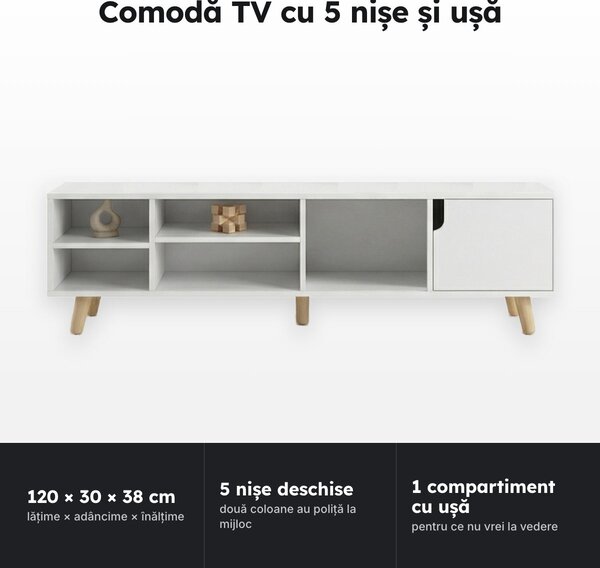 Comodă TV albă cu 5 nișe și ușă, 120 × 30 × 38 cm