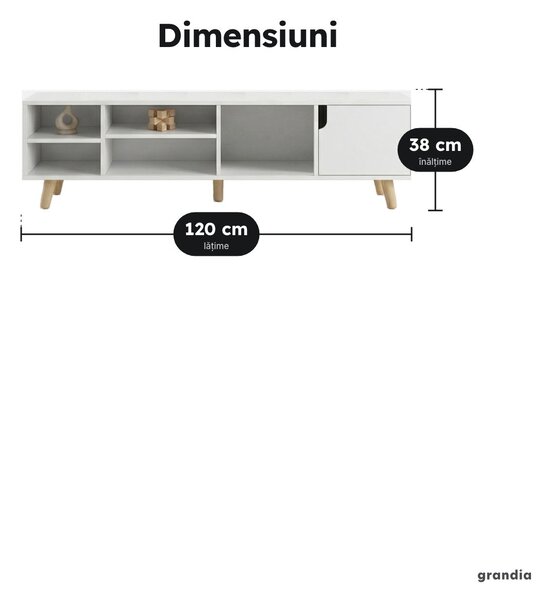 Comodă TV albă cu 5 nișe și ușă, 120 × 30 × 38 cm