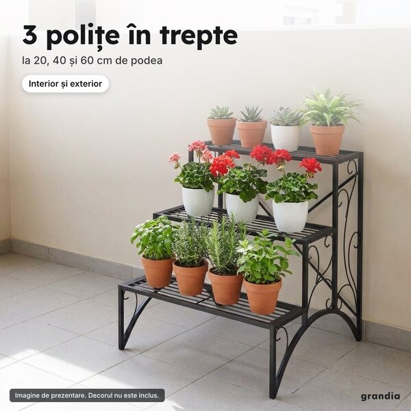 Etajeră pentru plante cu 3 polițe în trepte, metal negru, 60 × 60 × 60 cm