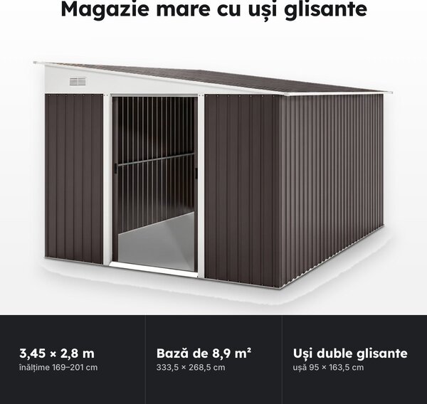 Magazie de grădină din oțel zincat, 3,45 × 2,8 m, uși duble glisante, maro
