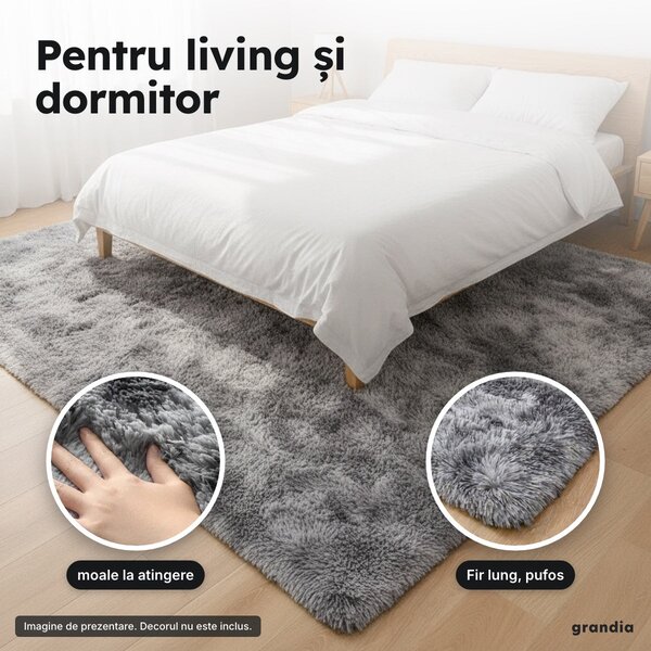 Covor pufos 200 × 280 cm, fir 3 cm, gri deschis cu pete (tie-dye)