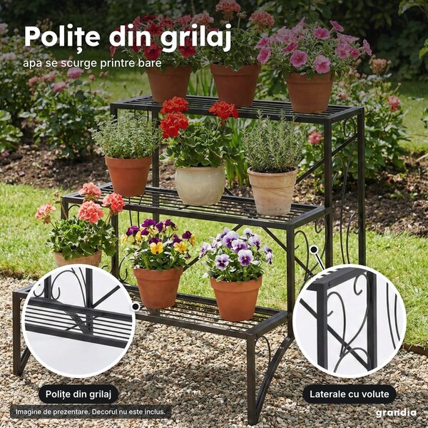 Etajeră pentru plante cu 3 polițe în trepte, metal negru, 60 × 60 × 60 cm