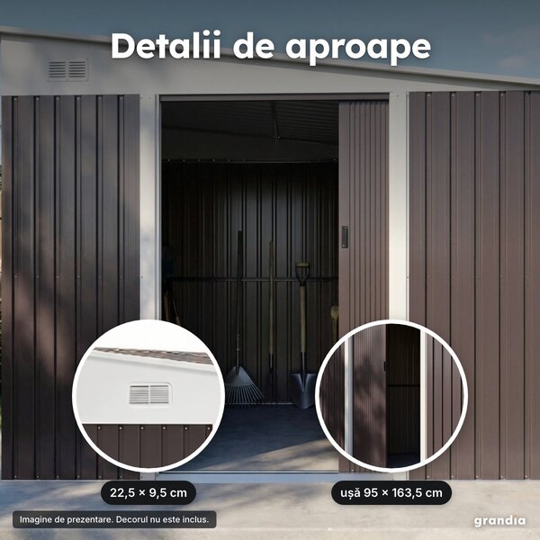 Magazie de grădină din oțel zincat, 3,45 × 2,8 m, uși duble glisante, maro