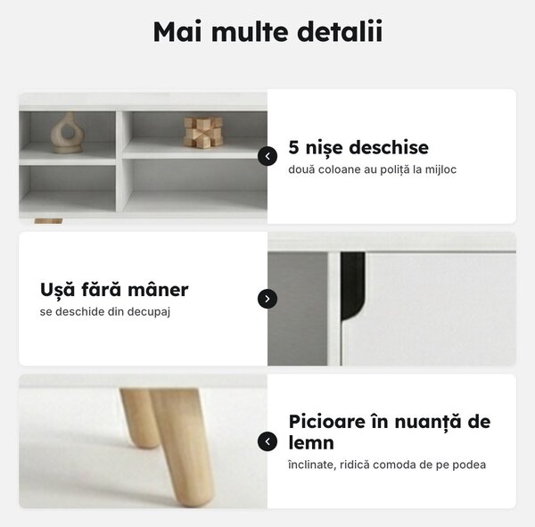 Comodă TV albă cu 5 nișe și ușă, 120 × 30 × 38 cm