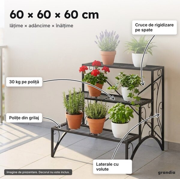 Etajeră pentru plante cu 3 polițe în trepte, metal negru, 60 × 60 × 60 cm