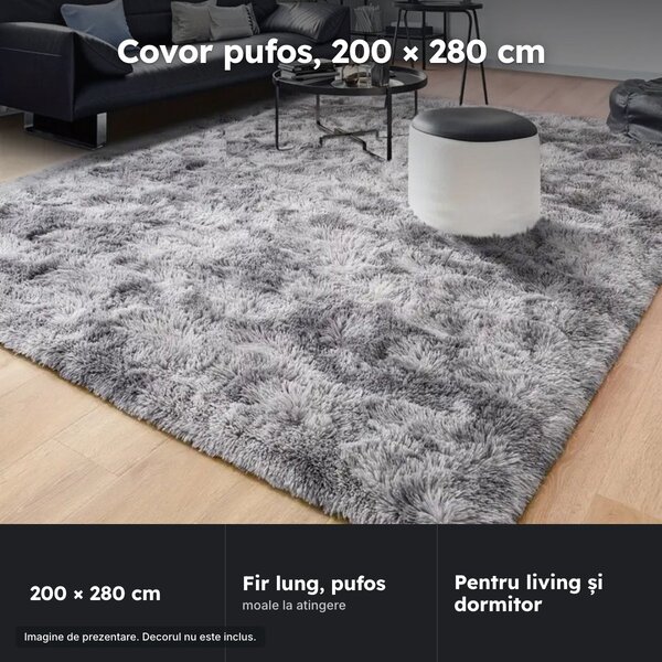 Covor pufos 200 × 280 cm, fir 3 cm, gri deschis cu pete (tie-dye)