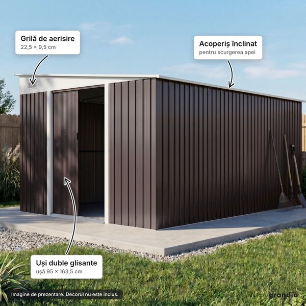 Magazie de grădină din oțel zincat, 3,45 × 2,8 m, uși duble glisante, maro
