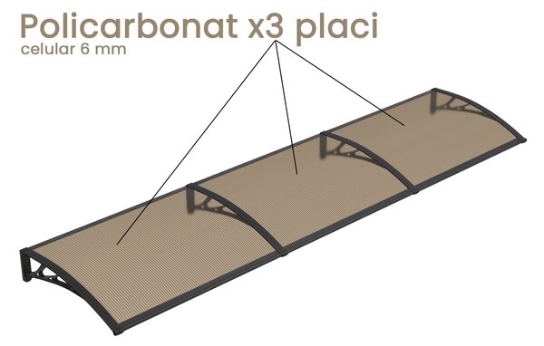 Copertină PREMIUM 300x80 cm, placă 6 mm dintr-o bucată – Negru/Bronz