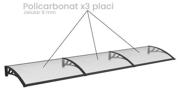 Copertină PREMIUM 360x80 cm, placă 6 mm dintr-o bucată – Negru/Transparent