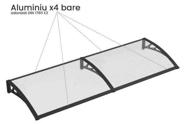 Copertină PREMIUM 200x120 cm, placă 6 mm dintr-o bucată – Gri/Transparenta