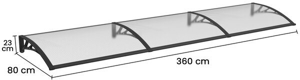 Copertină PREMIUM 360x80 cm, placă 6 mm dintr-o bucată – Negru/Transparent