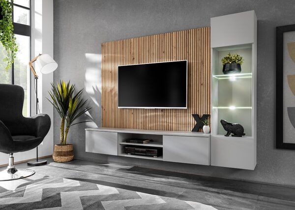 Mobilier living Xavus L (perla grey + stejar artisan) (cu iluminat). 1118831