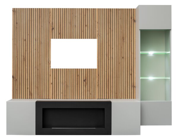 Mobilier living Xavus L-K (perla grey + stejar artisan)(cu iluminat) (cu șemineu bio). 1118833