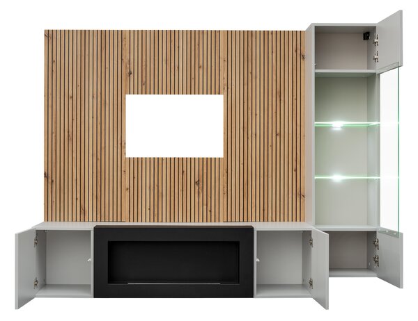 Mobilier living Xavus L-K (perla grey + stejar artisan)(cu iluminat) (cu șemineu bio). 1118833