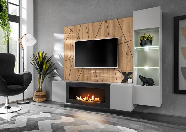 Mobilier living Xavus G-K (perla grey + stejar artisan) (cu iluminat) (cu șemineu bio). 1118837