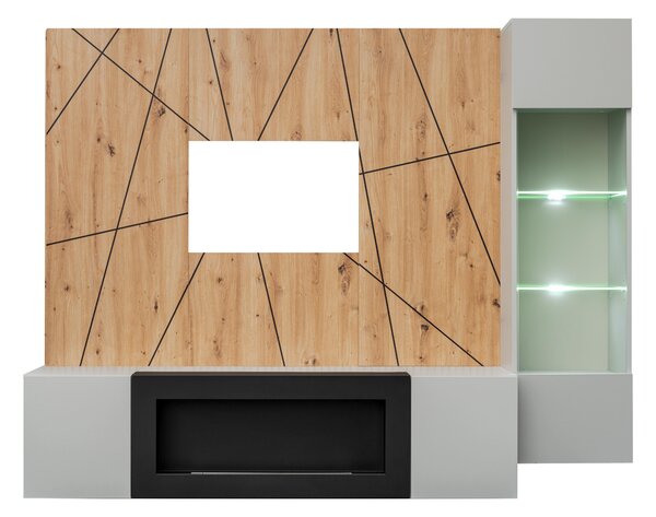 Mobilier living Xavus G-K (perla grey + stejar artisan) (cu iluminat) (cu șemineu bio). 1118837