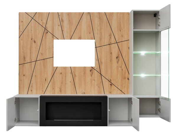 Mobilier living Xavus G-K (perla grey + stejar artisan) (cu iluminat) (cu șemineu bio). 1118837
