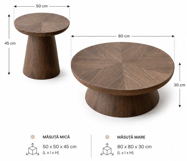 Set Masuțe de Cafea Japandi, 2 Piese diametru 80 cm si 50 cm, Finisaj Nuc