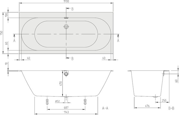 Villeroy & Boch Oberon 2.0 cada dreptunghiulară 170x75 cm alb UBQ170OBR2DV-01