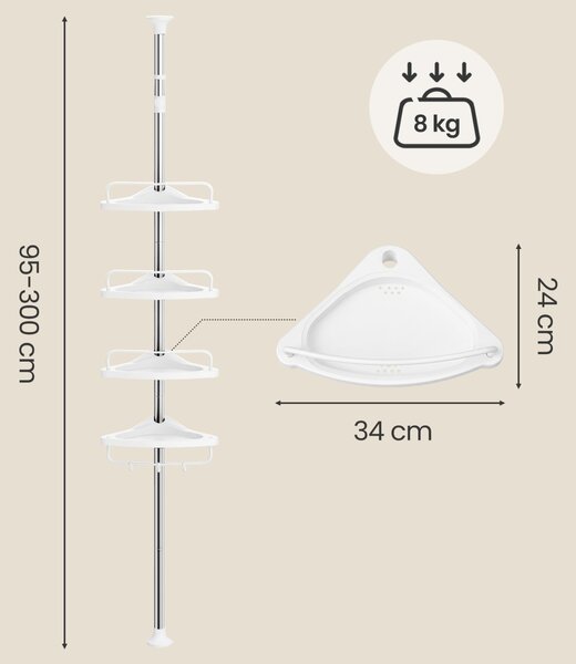 Etajeră telescopică de colț pentru duș cu 4 polițe și 3 cârlige, înălțime reglabilă 95–300 cm, Alb, 34 × 24 cm