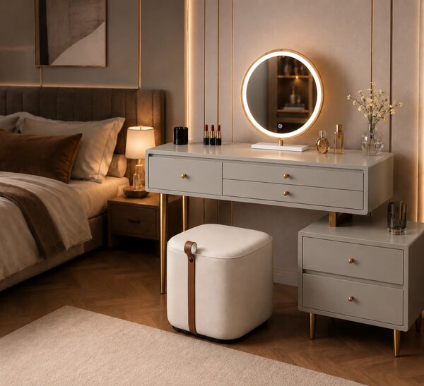 Set ROYAL GREY WF608 – Masă de Toaletă pentru Machiaj, Oglindă iluminată LED, Control touch, Trei tipuri culoare, Taburet, 100 cm, Gri