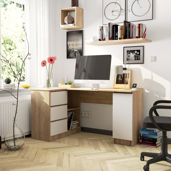 Masă PC de colț Bevin (stejar sonoma + alb) (S). Promo -14%. 1128561