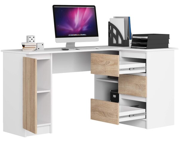Masă PC de colț Bevin (Alb + stejar sonoma) (D). Promo -17%. 1128567
