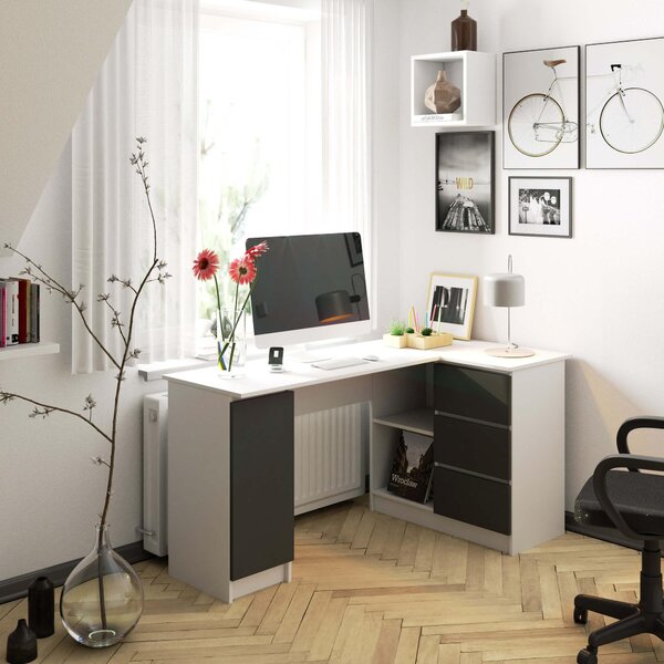 Masă PC de colț Bevin (Alb + gri) (D). Promo -16%. 1128568