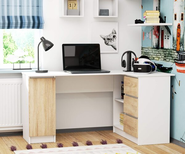 Masă PC de colț Bevin (Alb + stejar sonoma) (D). Promo -17%. 1128567