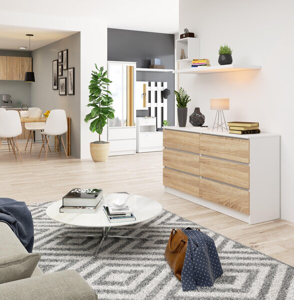 Comodă Keanu (Alb + Stejar sonoma). Promo -15%. 1128624