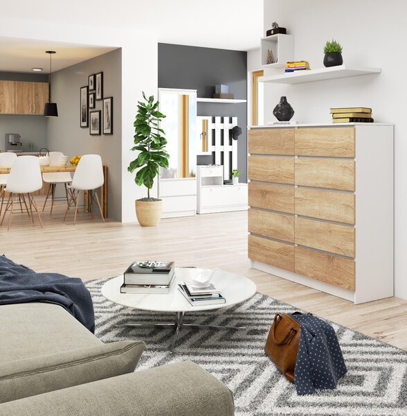 Comodă Kapil III (Alb + Stejar sonoma). Promo -13%. 1128648