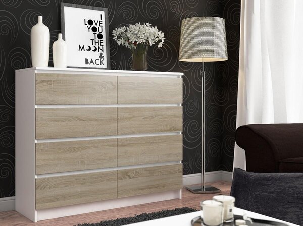 Comodă Kapil II (Alb + Stejar sonoma). Promo -20%. 1128659