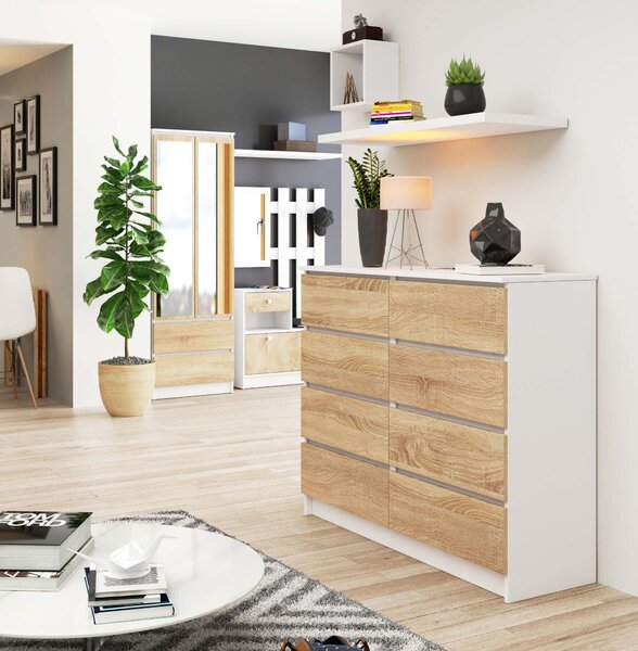 Comodă Kapil II (Alb + Stejar sonoma). Promo -20%. 1128659