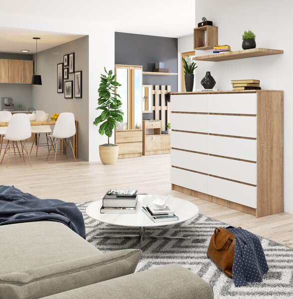 Comodă Keanu V (stejar sonoma + alb). Promo -19%. 1128672