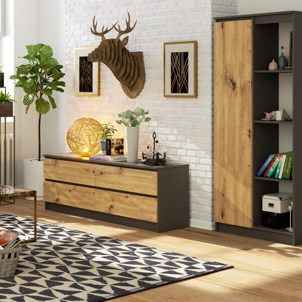 Comodă Kurtinaitis 4SZ (grafit gri + Stejar artisan). Promo -20%. 1128699