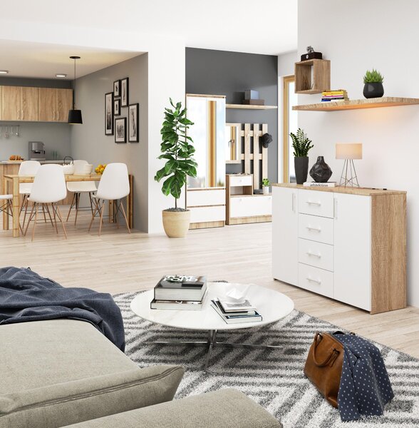 Comodă Kiran (Stejar sonoma + Alb). Promo -16%. 1128714