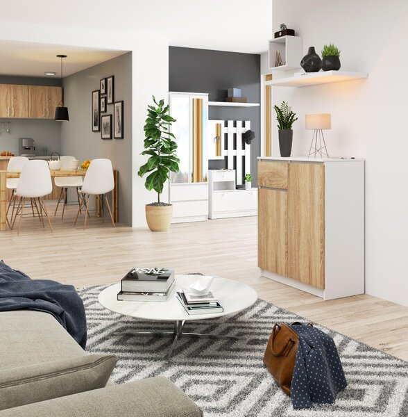 Comodă Kaveri (Alb + Stejar sonoma). Promo -15%. 1128754