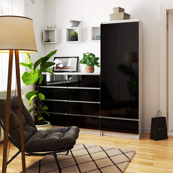 Dulap cu rafturi Renzo (Alb + negru lucios). Promo -22%. 1128787
