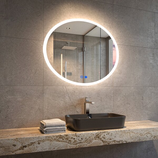 Oglindă rotundă LED pentru baie de 60 cm, cu Dual Color, întrerupător tactil și covoraș de încălzire