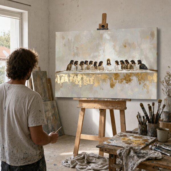 Tablou Canvas Cina cea de Taină cu detalii pictate manual - 60x40 cm